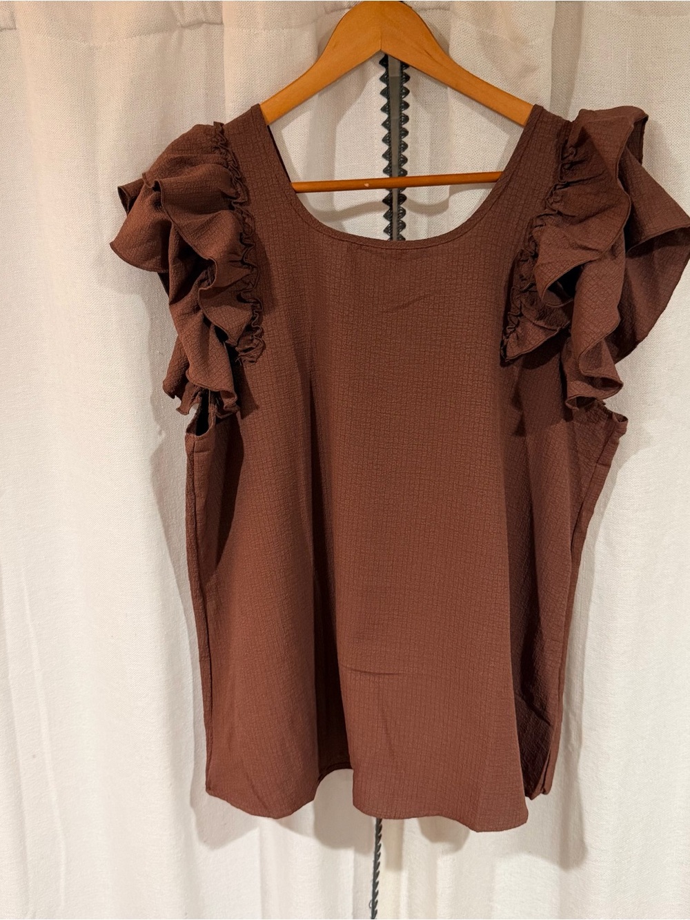 Falechay Brown Ruffled Flutter Sleeve Bow Back Blouse Top Size XL Extra Large